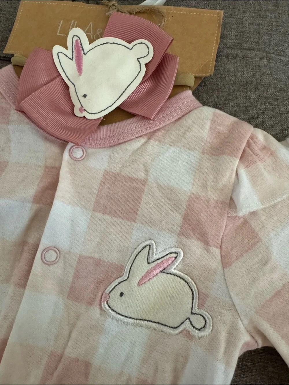 NWT Lila & Jack pink Gingham Baby One-Piece Footed Sleeper with bow Easter bunny